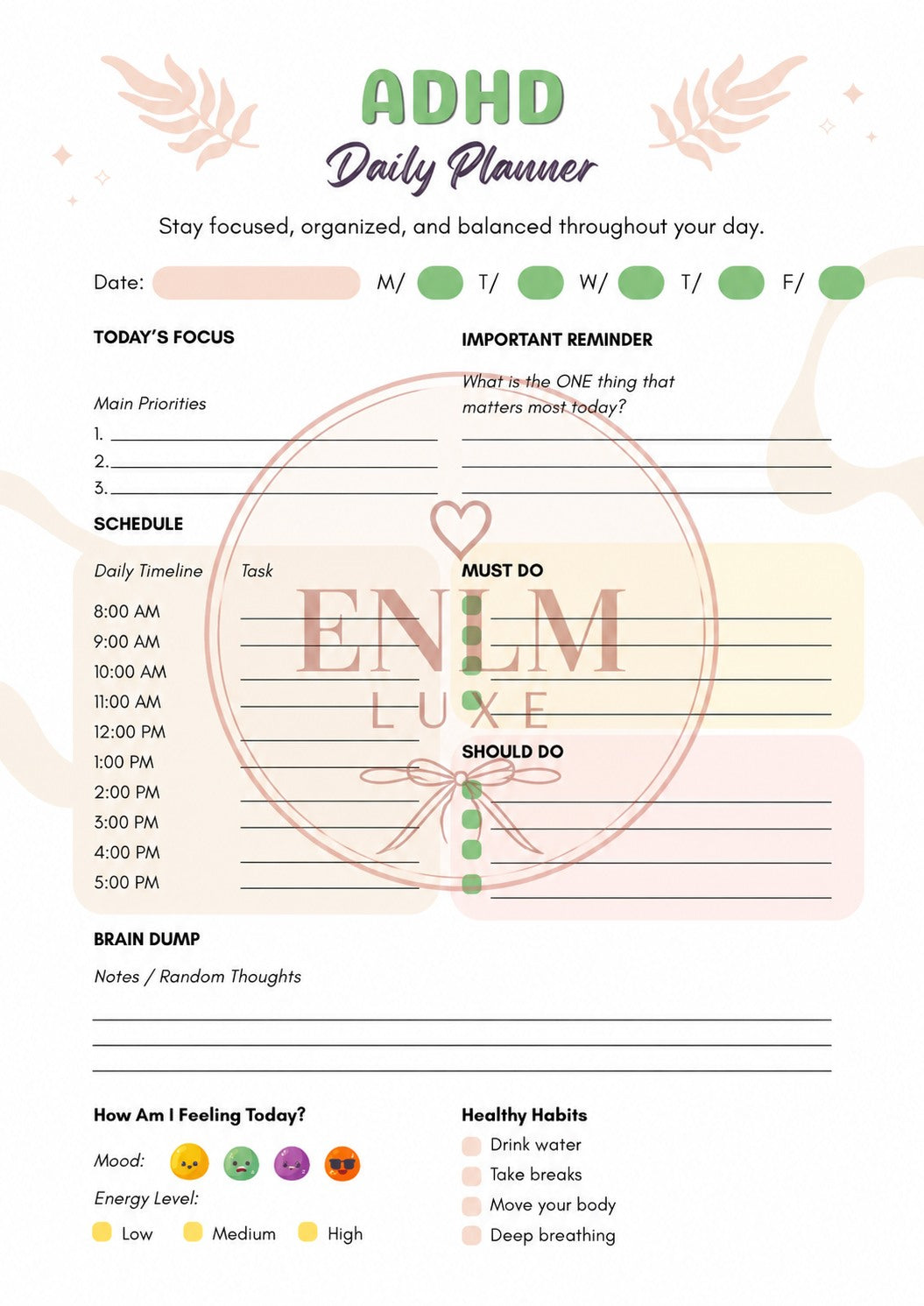 🧠 ADHD Daily Planner Printable | Focus, Schedule & Brain Dump