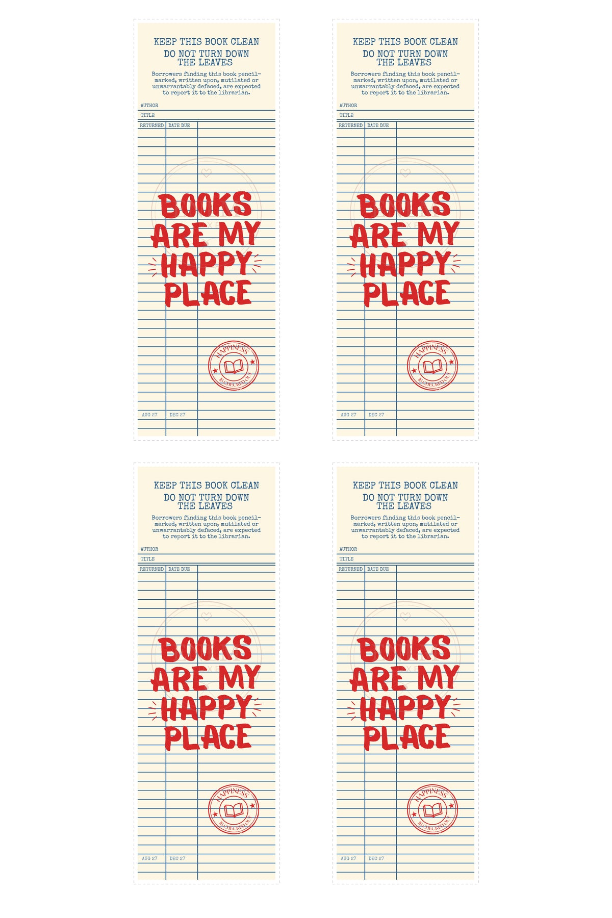 Blue & Red Retro Library Card Bookmark Printable