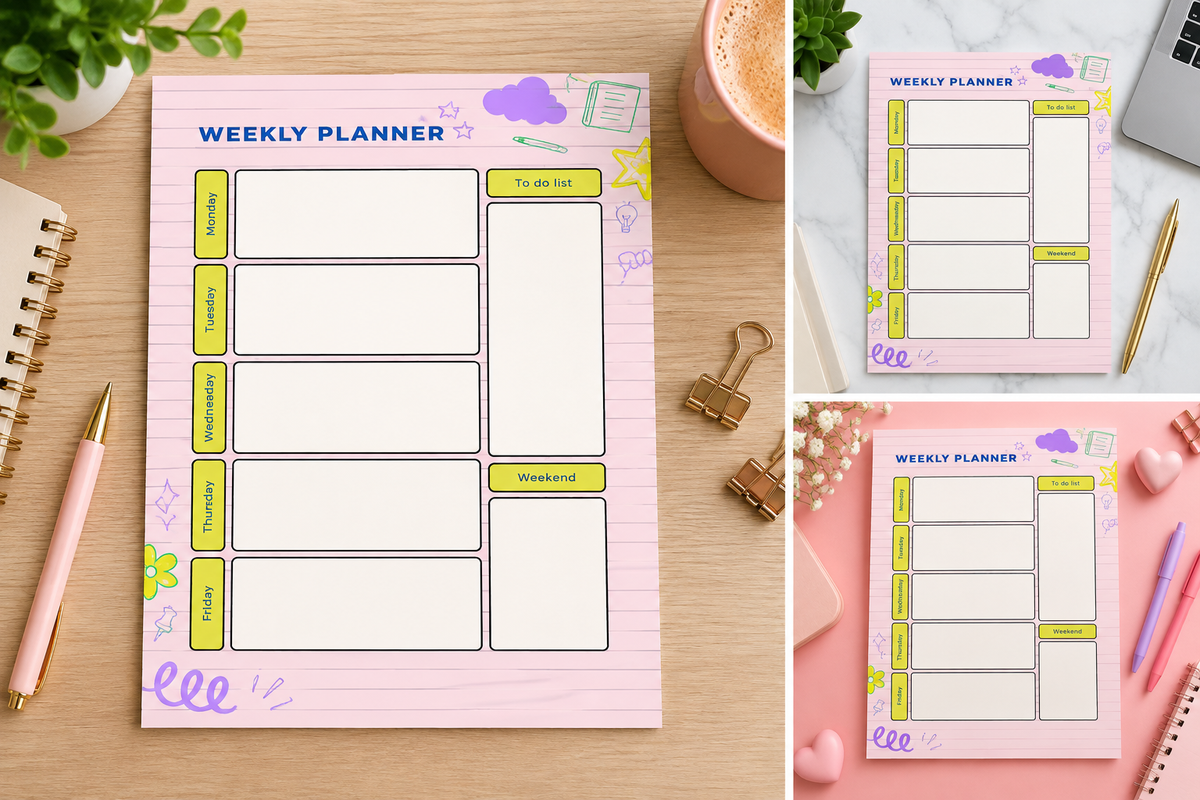 Cute Weekly Planner Printable PDF | Colourful To Do List | Monday-Friday & Weekend Planner | Digital Download