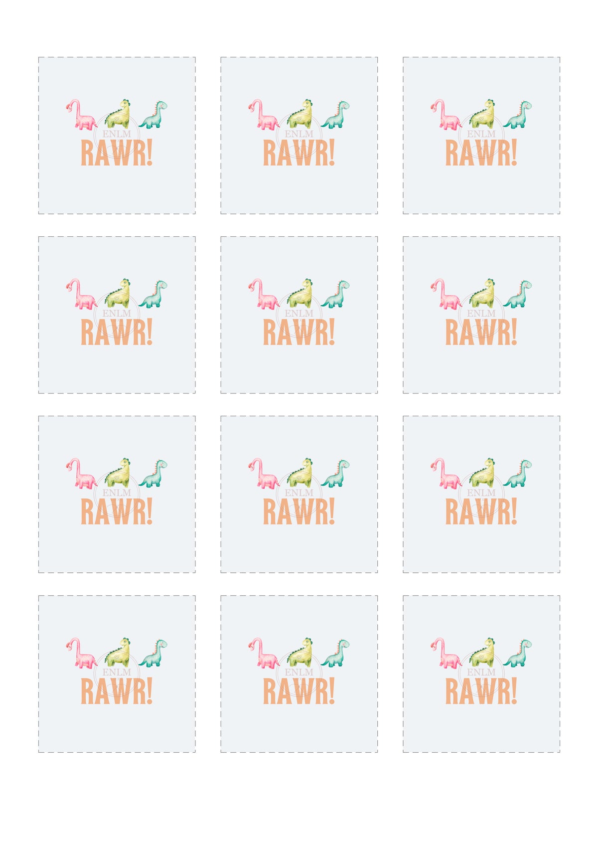 Colourful Dinosaur “Rawr!” Sticker Sheet – 12 Printable Stickers
