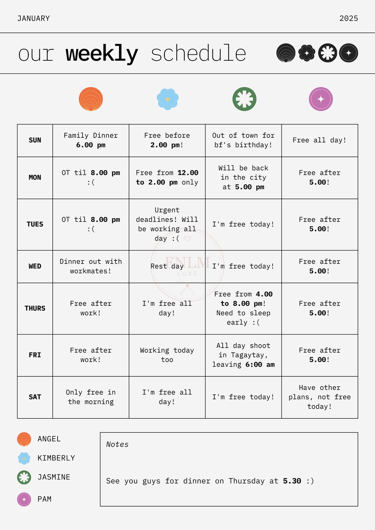 Friends Weekly Schedule Planner – Ash Grey & Black Printable