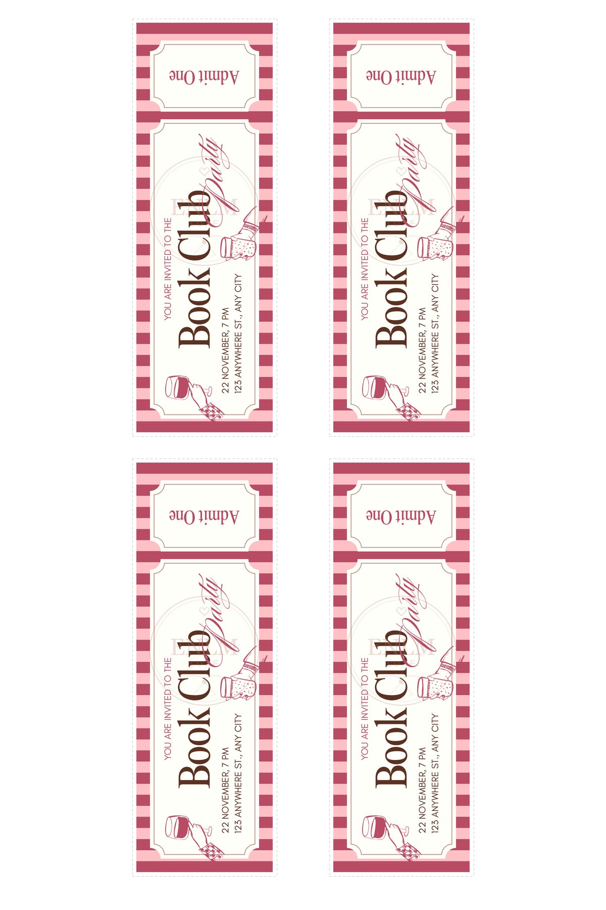 Pink Retro Book Club Invitation Bookmark Printable