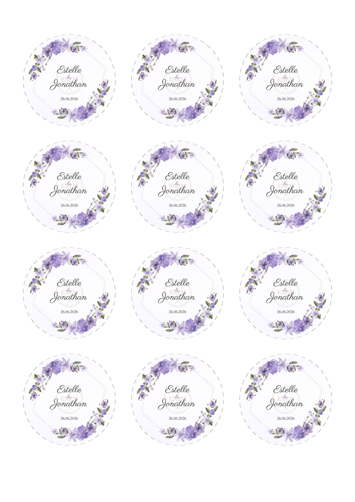 Purple Floral Wedding Sticker Sheet – 12 Printable Circle Stickers