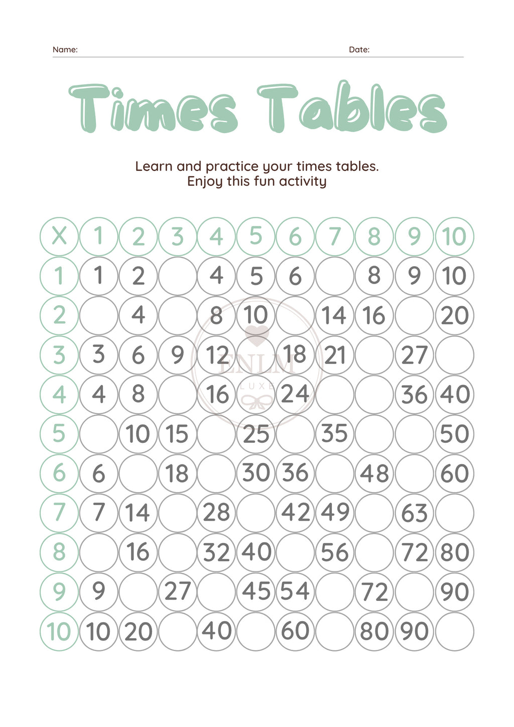 Times Tables Worksheets – Partially Completed Practice Chart