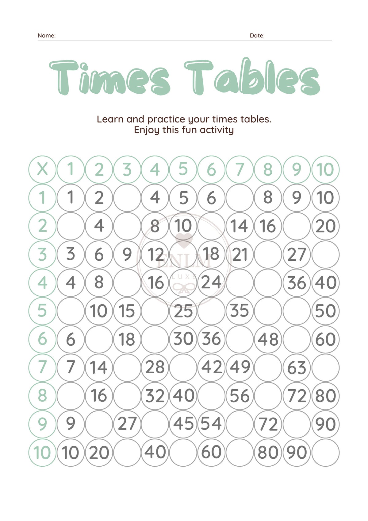 Times Tables Worksheets – Partially Completed Practice Chart