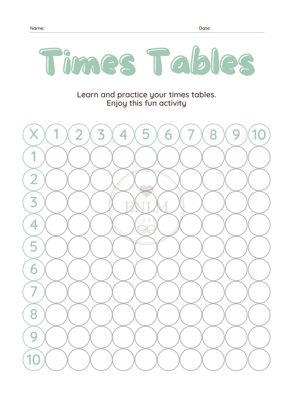 Times Tables Worksheets – Partially Completed Practice Chart