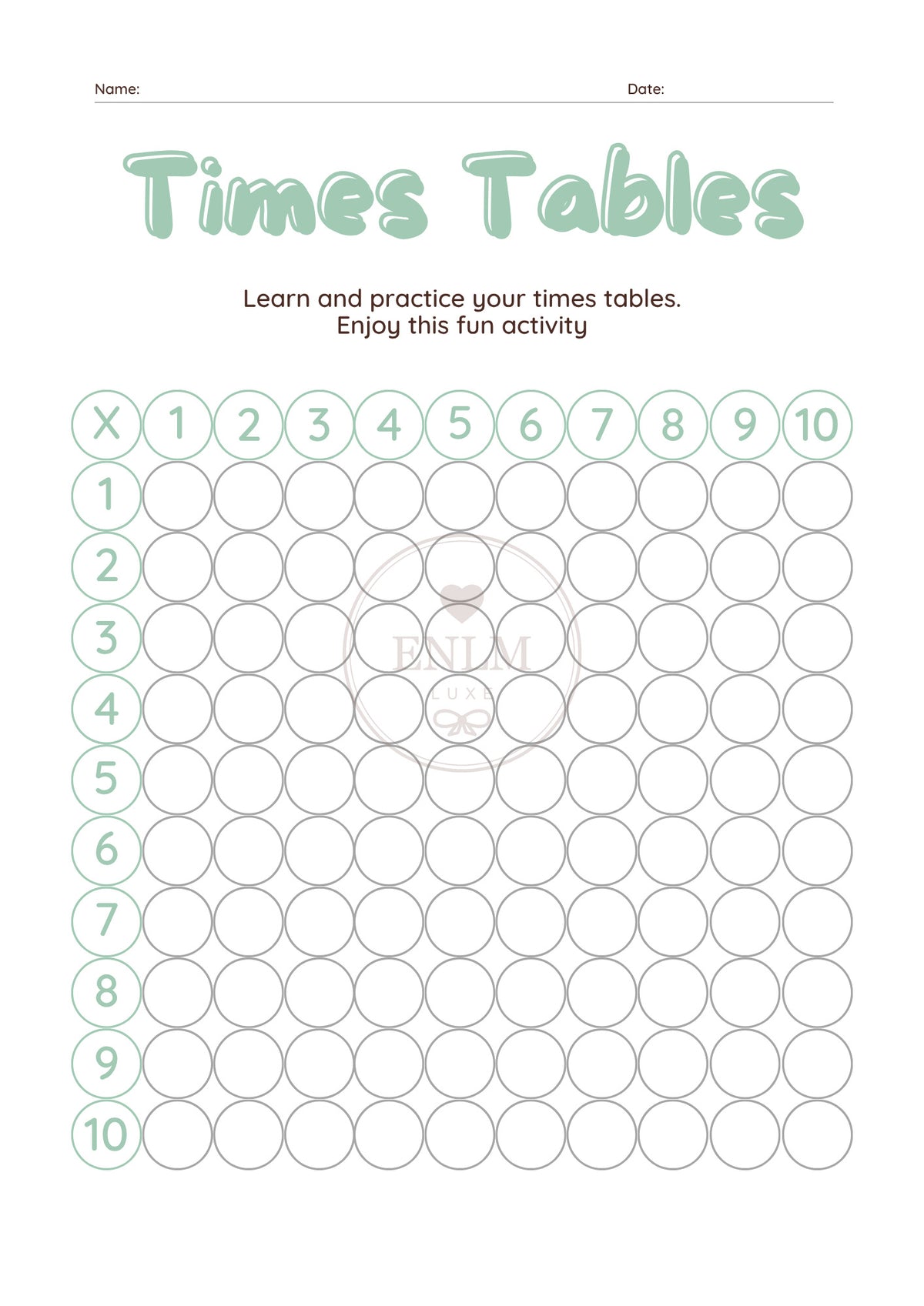 Times Tables Worksheets – Partially Completed Practice Chart